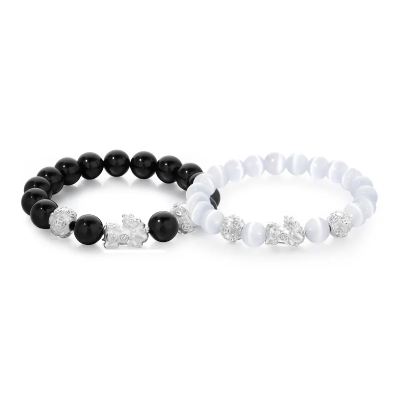 Lao Feng Xiang S999 Fine Silver Sterling Silver Beaded Bracelet Pair Unisex Box-0