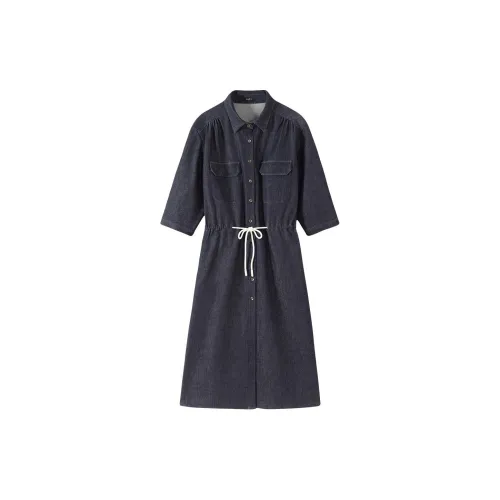 Hacikis Long-Sleeved Dresses Women's Vintage Denim Blue