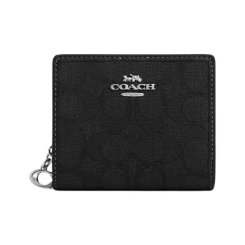 COACH Snap Wallet Iconic Jacquard With Cow Leather Patchwork Wallet Mini Women's Silver & Black