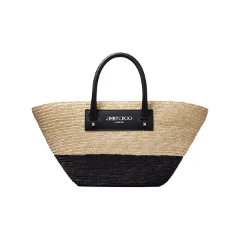 Jimmy Choo Raffia Fear Calfskin Tote Bag Shopping Bag Handbag Small Size Women's Natural/Black/Natural