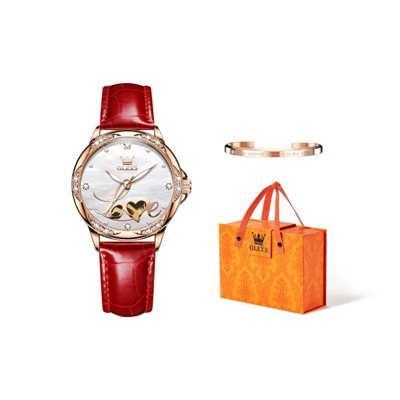 OLEVS Mechanical Movement Leather Strap Watch Women's Watch Mother of Pearl Color Watch Dial-9