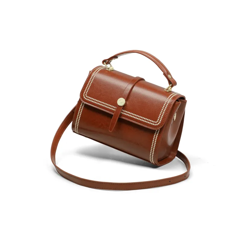 PT'SON Cow Leather With Synthetic Leather Handbag, Shoulder Bag, Crossbody Bag Small Size Women's Brown-2