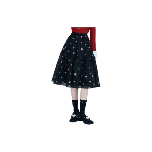 AIVEI Casual Long Skirts Women's Black Background With Red Flowers