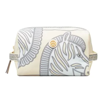 TORY BURCH Recycled Nylon With Artificial Leather Makeup Bag Large Size Women's Blue Zebra Print