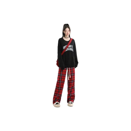 Poyz Knitted Sweatpants Women's Red Plaid