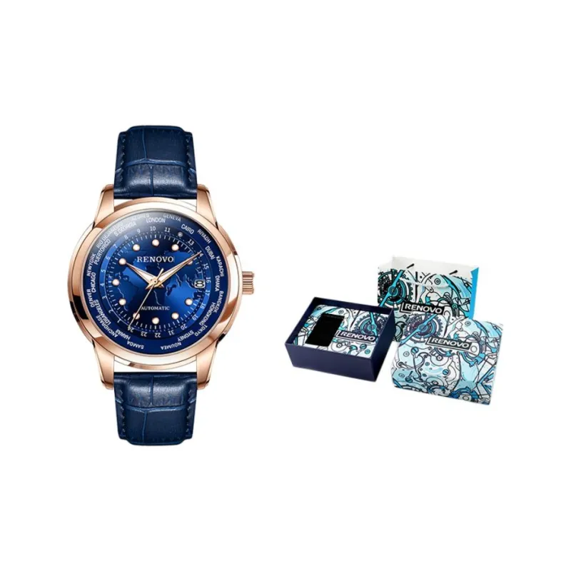 RENOVO Star Collection Mechanical Movement Leather Watch Bands Watch Men's Watches Black Dial-4