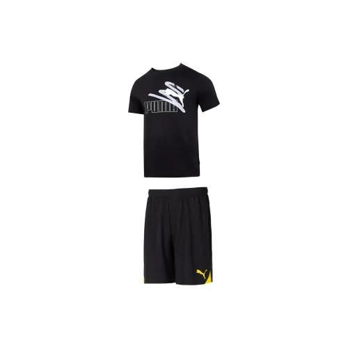 PUMA Casual Sportswear Men Set Black Short-Sleeved+Black/Yellow Shorts