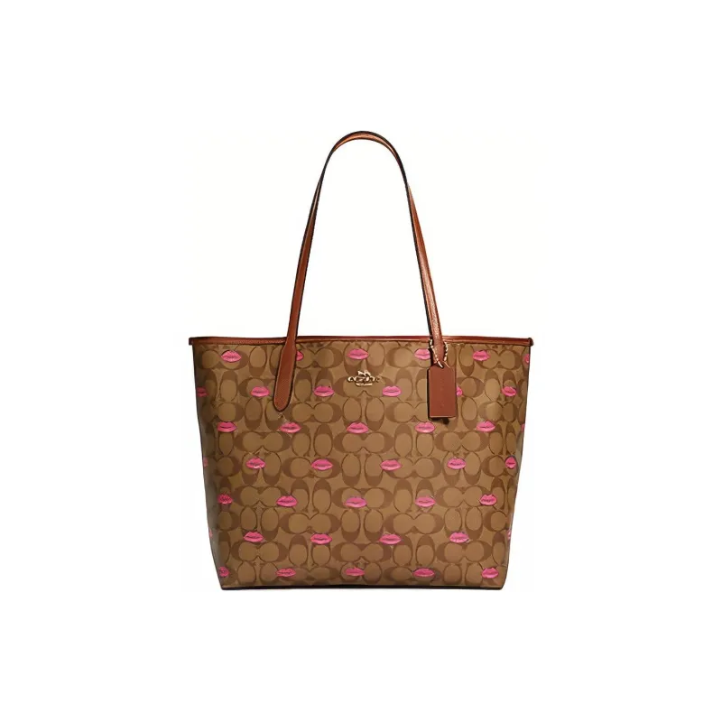 COACH City Canvas With Leather Tote Bag Shopping Bag Handbag Shoulder Bag Women's Coffee-0