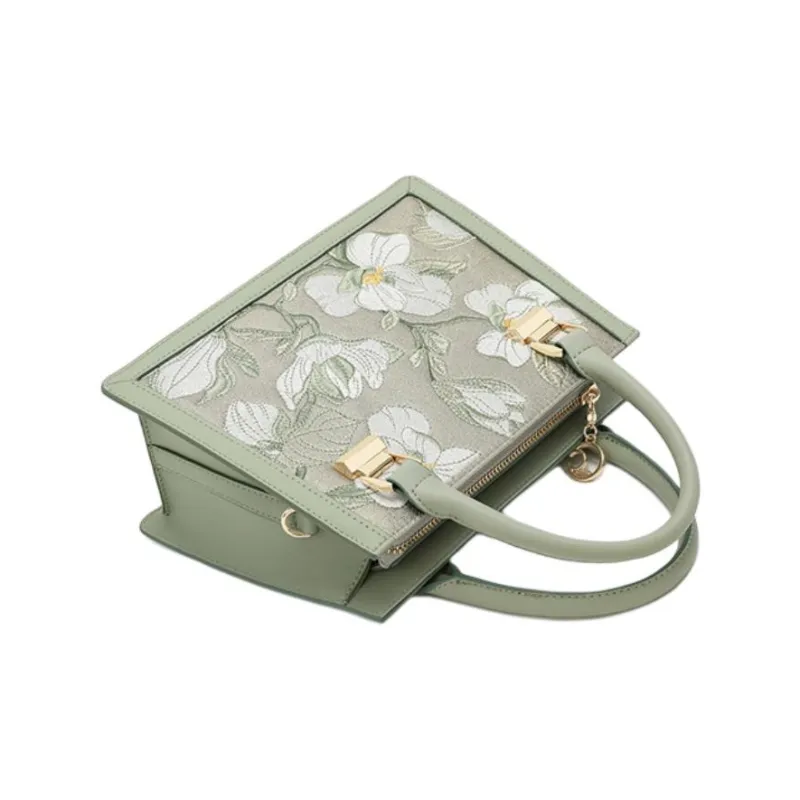 Ancient Yi Xi Cow Leather Middle Aged Mom Bag, Cheongsam Shoulder Bag Medium Size Women's Willow Sprout Green-4