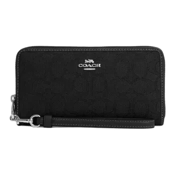 COACH Zip Around Iconic Jacquard Cow Leather Wallet Small Size Women's Silver & Black
