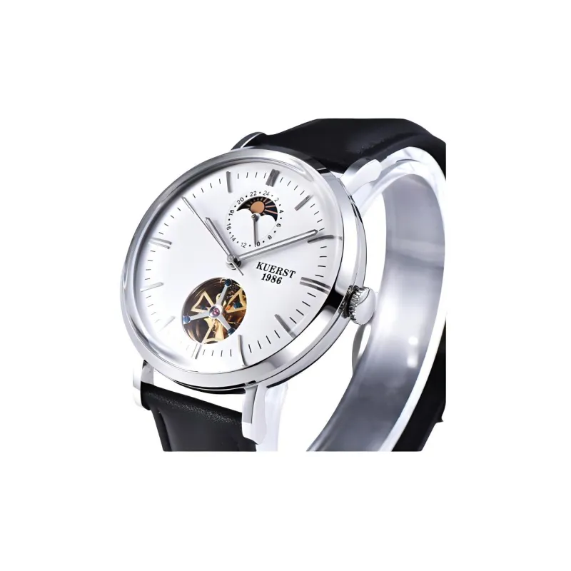 KUERST Automatic Mechanical Movement Cow Leather Strap Watch Unisex White Dial-1