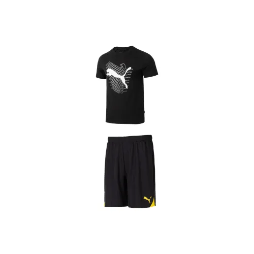 PUMA Casual Sportswear Men Set Black Short-Sleeved+Black/Yellow Shorts