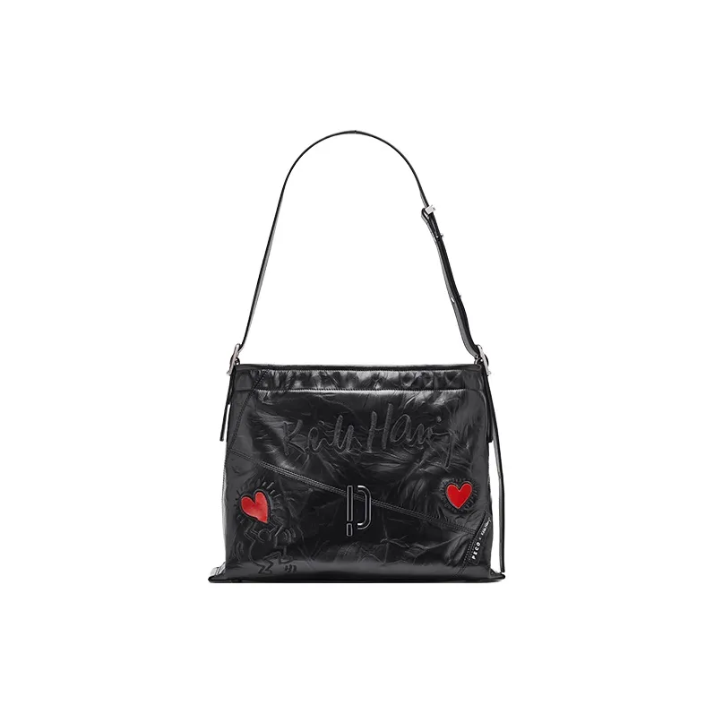 PECO 952Keith Haring Artist Collaboration Cow Leather Shoulder Bag Tote Regular Large Size Unisex Black/White-0