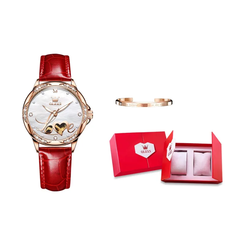 OLEVS Mechanical Movement Leather Strap Watch Women's Watch Mother of Pearl Color Watch Dial-5