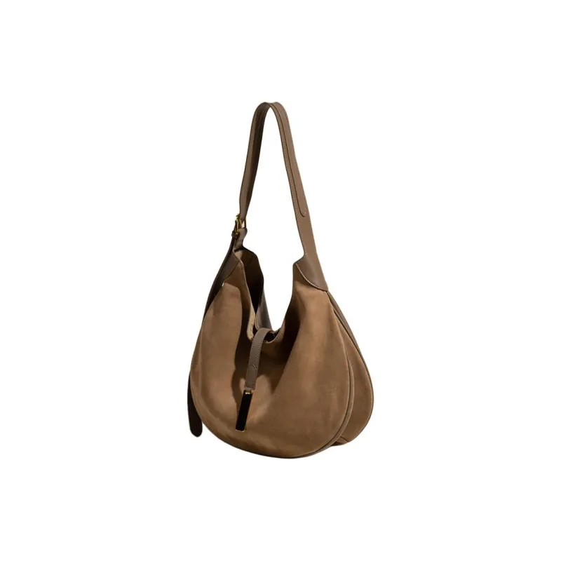 MISS MUSI Cowhide Split Leather Shoulder Bag Large Size Unisex Coffee/Khaki Gray/Brown-5