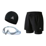Black Double-Layer Pants+Blue White Swim Goggles+Swimming Cap-Three-Piece Set