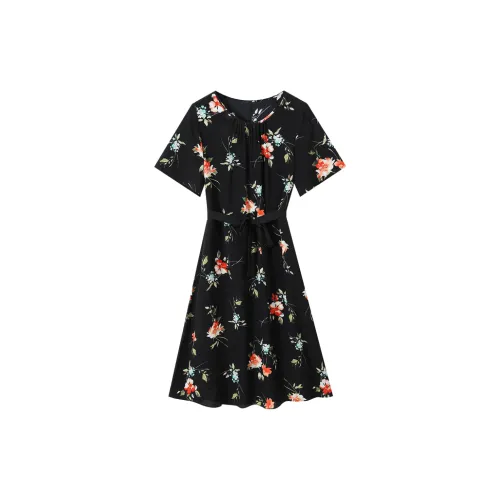 H-YXIANG Short-Sleeved Dresses Women's Black Background Rose With Belts