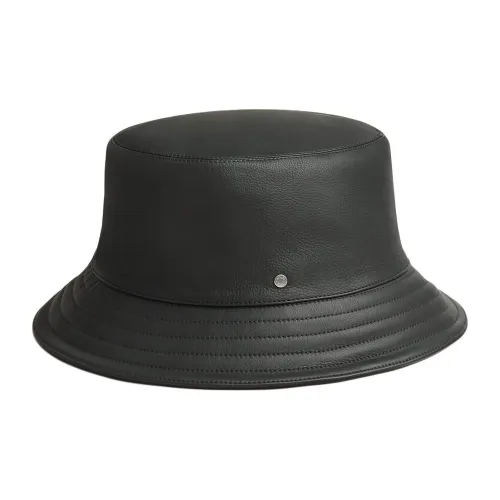 HERMES Calfskin Silk Rayon Palladium Plated Bucket Hats Men's Black
