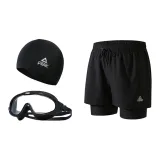 Black Double-Layer Pants+Black Swim Goggles+Swimming Cap-Three-Piece Set