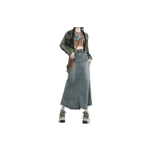 Rose Denim Long Skirts Women's Blue