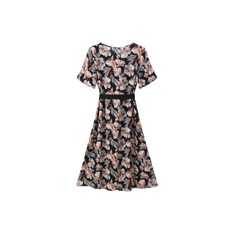 H-YXIANG Short-Sleeved Dresses Women's Black Background Watercolor Floral-1