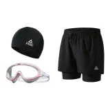 Black Double-Layer Pants+Pink White Swim Goggles+Swimming Cap-Three-Piece Set