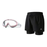 Black Double-Layer Pants+Pink White Swim Goggles-Two-Piece Set