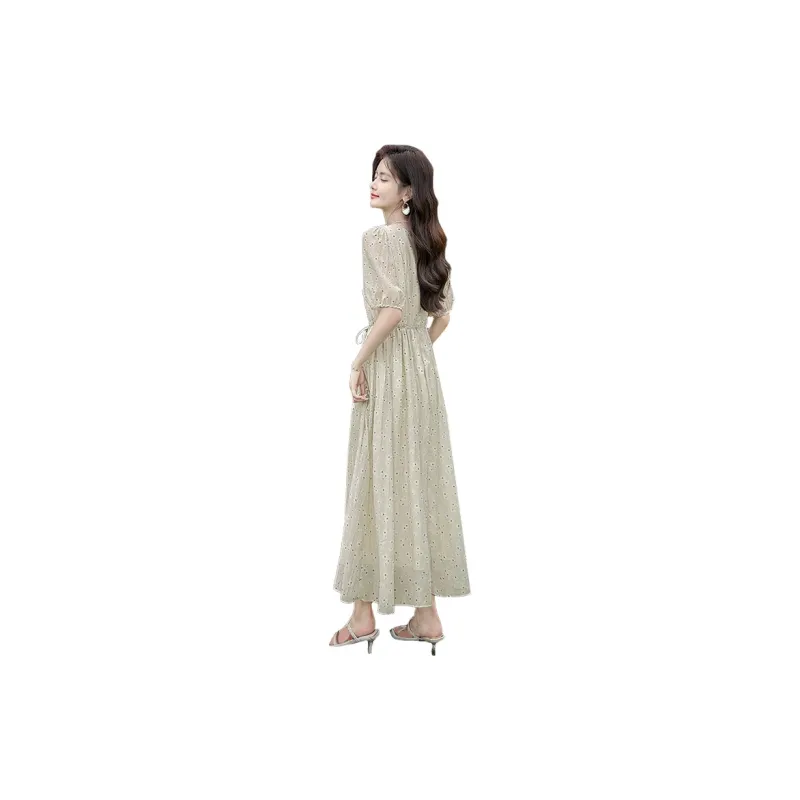 Cypress House Short Sleeved Dress Women's Beige Gray Base With Floral Pattern-1