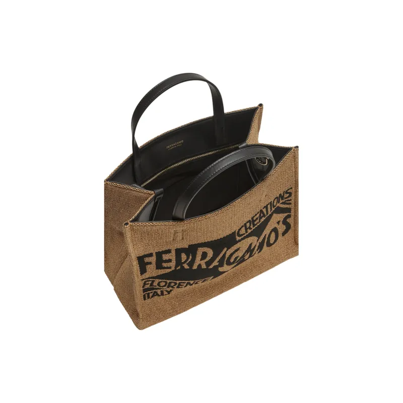 FERRAGAMO Calfskin Tote Bag Shopping Bag Handbag Small Size Women's Honey & Black-4