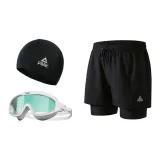 Black Double-Layer Pants+Mint Green Swim Goggles+Swimming Cap-Three-Piece Set