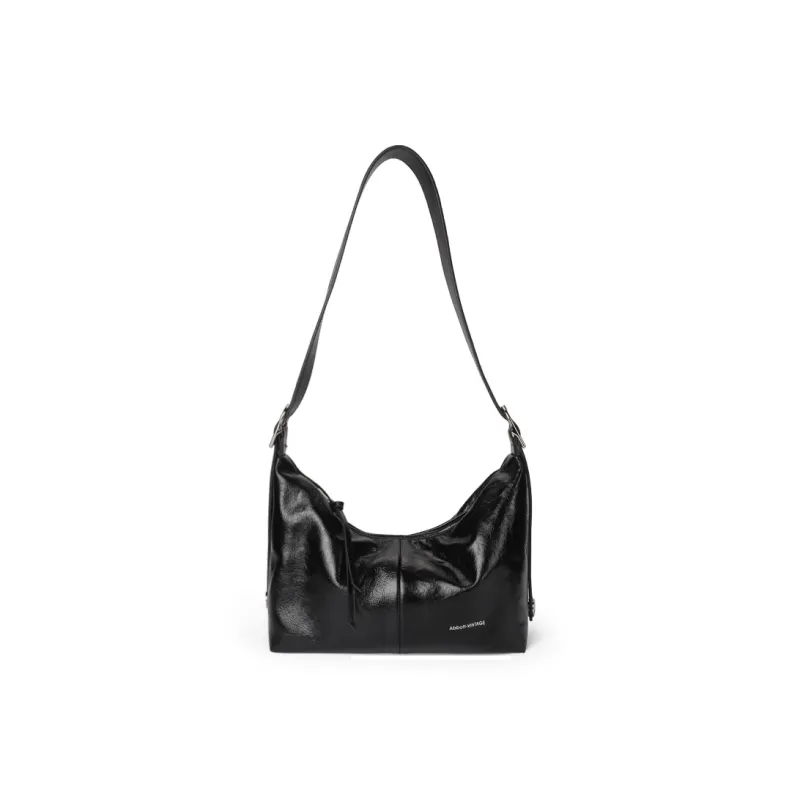 Abbott VINTAGE Cow Leather Shoulder Bag, Crossbody Bag Medium Size Women's Classic Black/Mother Of Pearl White-0