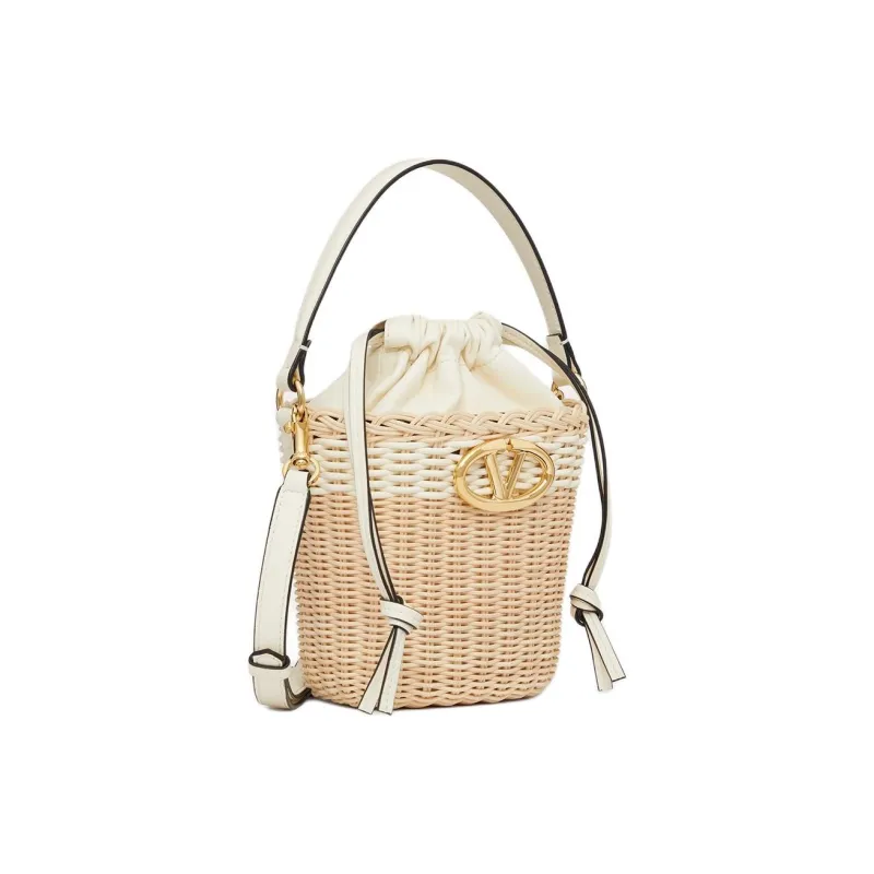 Valentino Vlogo Wicker Bucket Bag, Handbag, Shoulder Bag, Crossbody Bag Women's Natural & Ivory White-1