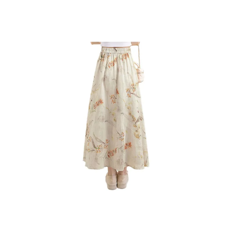 Cypress House Casual Long Skirt Women's Beige With Red Print-1
