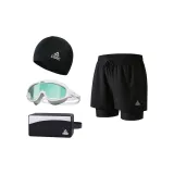 Black Double-Layer Pants+Mint Green Swim Goggles+Swimming Cap+Swim Bag-Four-Piece Set