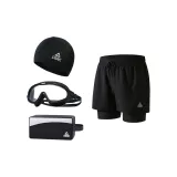 Black Double-Layer Pants+Black Swim Goggles+Swimming Cap+Swim Bag-Four-Piece Set
