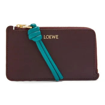LOEWE Cow Leather Card Holder Women's Burgundy Red With Emerald Green Accents