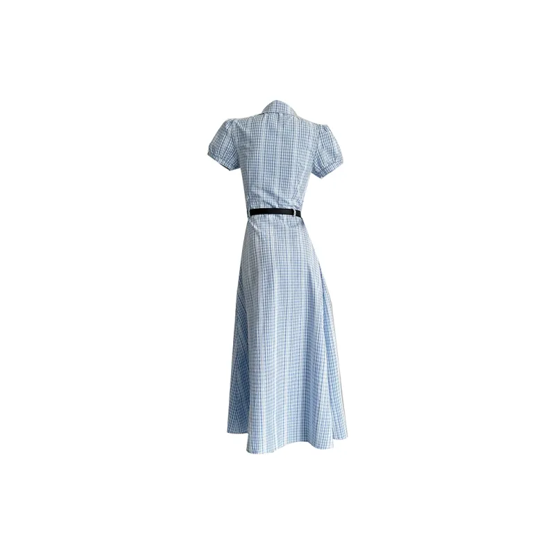 Vine Color Short Sleeved Dress Women's Light Blue Plaid-1