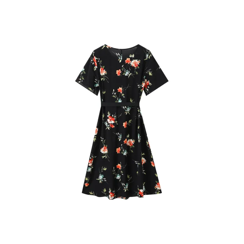 H-YXIANG Short-Sleeved Dresses Women's Black Background Rose With Belts-1