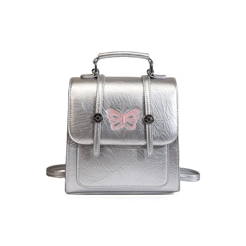 BAODIDAISHU PU Backpack, Cell Phone Pouch, Backpack, Travel, Portable Backpack Regular Women's White/Silver/Black-5