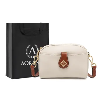 AOKANG Split Cow Leather With Synthetic Leather Shoulder Bag, Crossbody Bag Mini Women's Milkshake White/Classic Black