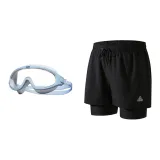 Black Double-Layer Pants+Blue White Swim Goggles-Two-Piece Set