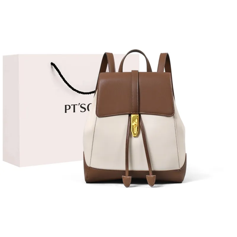 PT'SON Split Cow Leather With Synthetic Leather Backpack Regular Women's Coffee/White & Coffee-2