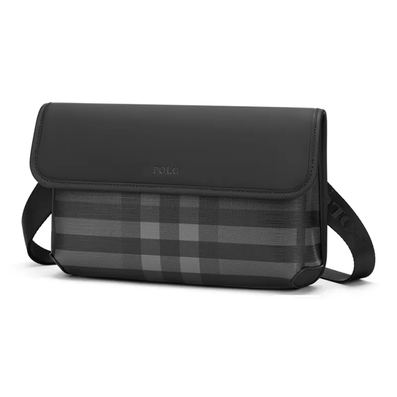 POLO PVC Synthetic Leather Men's Crossbody Bag, Shoulder Bag Medium Size Men's Black Plaid-1