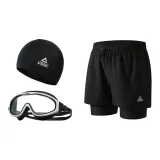 Black Double-Layer Pants+Black White Swim Goggles+Swimming Cap-Three-Piece Set