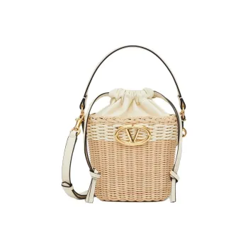 Valentino Vlogo Wicker Bucket Bag, Handbag, Shoulder Bag, Crossbody Bag Women's Natural & Ivory White