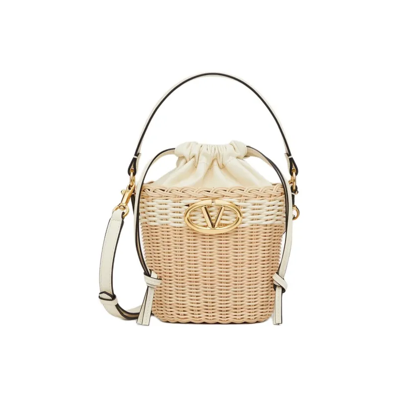 Valentino Vlogo Wicker Bucket Bag, Handbag, Shoulder Bag, Crossbody Bag Women's Natural & Ivory White-0