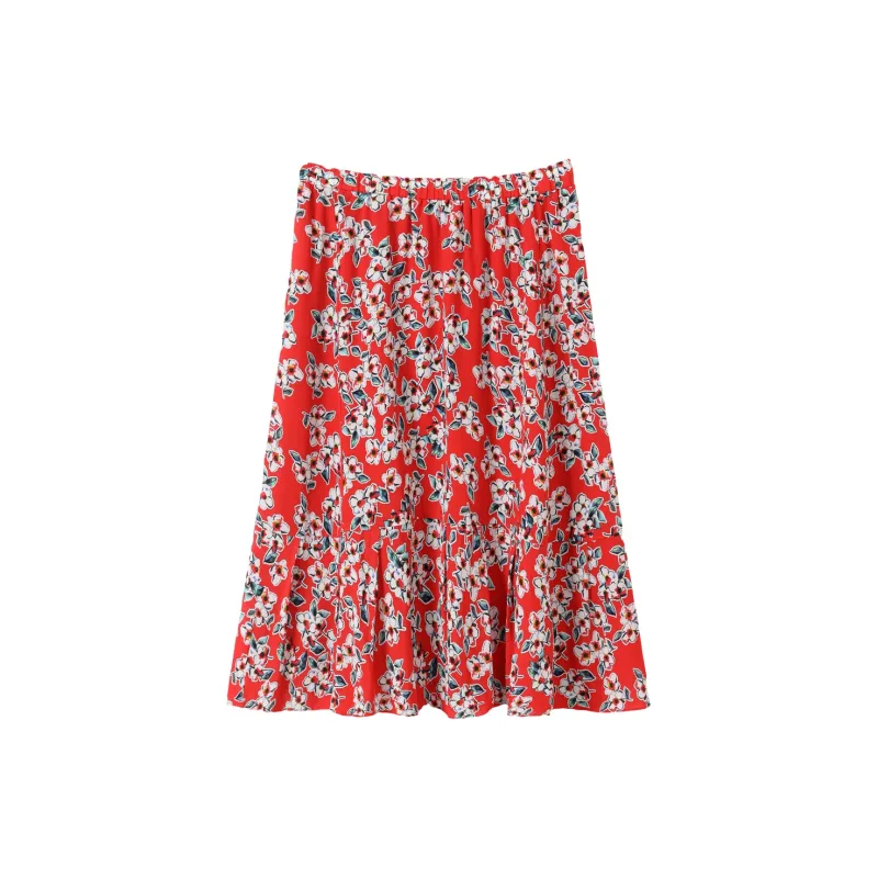 H-YXIANG Casual Long Skirts Women's Red Background With Flowers-1