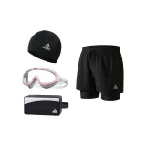 Black Double-Layer Pants+Pink White Swim Goggles+Swimming Cap+Swim Bag-Four-Piece Set