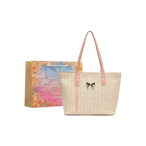 BRINCH PU Mixed Straw Woven Shoulder Bag Women's Pink/White/Khaki