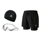 Black Double-Layer Pants+White Swim Goggles+Swimming Cap-Three-Piece Set